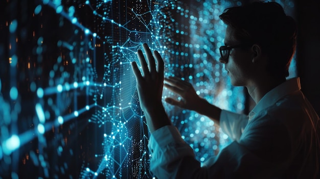 De mens interageert met de holografische interface