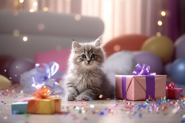 de Merry Kitty in een Happy Birthday Meownifesto