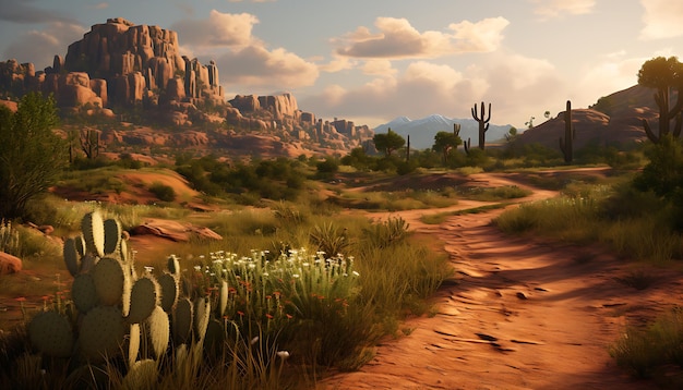 Foto de met gras begroeide woestijnweg en cactus generatieve ai