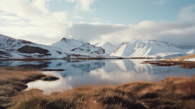 De met sneeuw bedekte bergen in de verte worden weerspiegeld in het nabijgelegen water dat door AI wordt gegenereerd