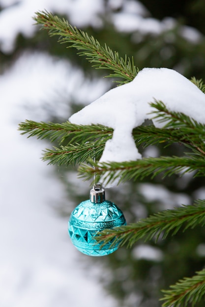 De met sneeuw bedekte dennentak is versierd met kerstballen