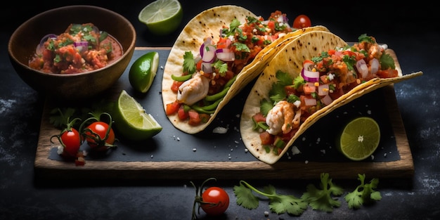 De Mexicaanse taco's op de houten plaat met AI gegenereerd