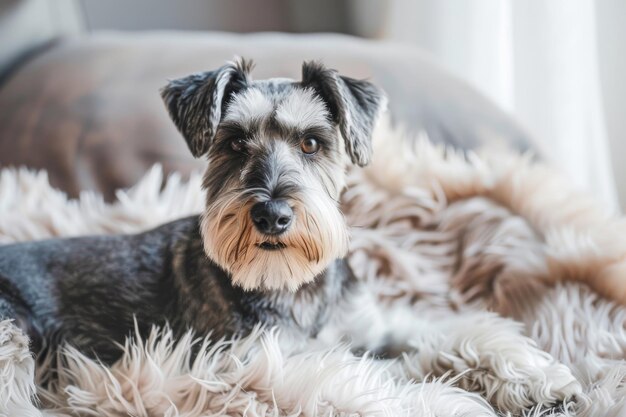 De miniatuur schnauzer ligt op een pluizige zachte deken en kijkt in het frame de hond rust