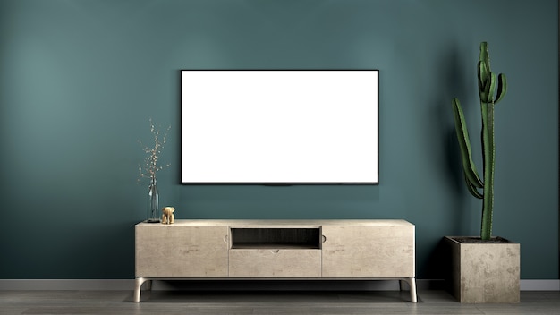 De minimale console-tv en het interieur van de woonkamer met groene muur