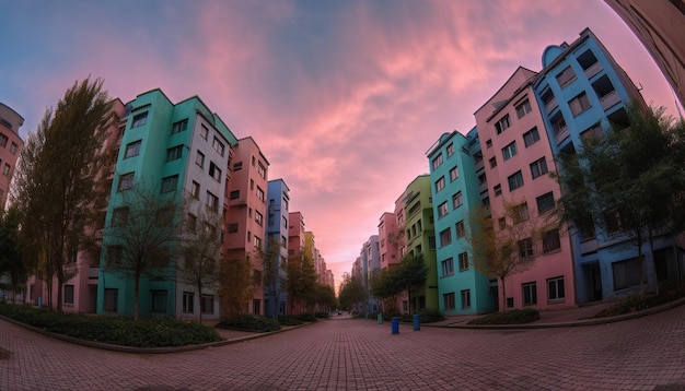 De moderne wolkenkrabber verlicht de skyline van de stad in de schemering, gegenereerd door AI