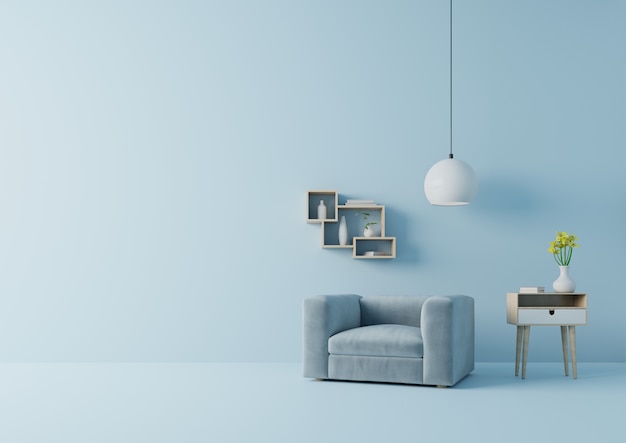 De moderne woonkamer met blauwe leunstoel heeft kabinet en lamp op houten bevloering en blauwe muur, het 3d teruggeven