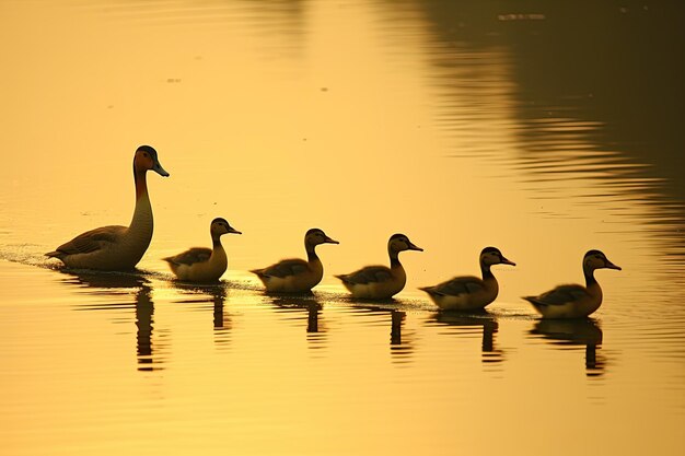 De moeder eend en haar jongen zijn te zien in deze vogelobservatie foto van een wilde eend familie floati