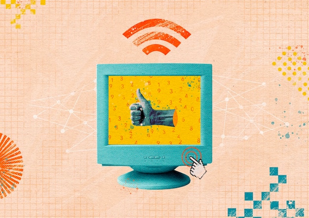 De monitor van een oude computer met een WiFi-symbool