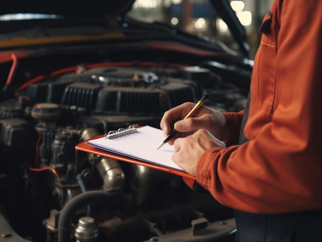 Foto de monteur schrijft op het klembord naast de motor van de auto.