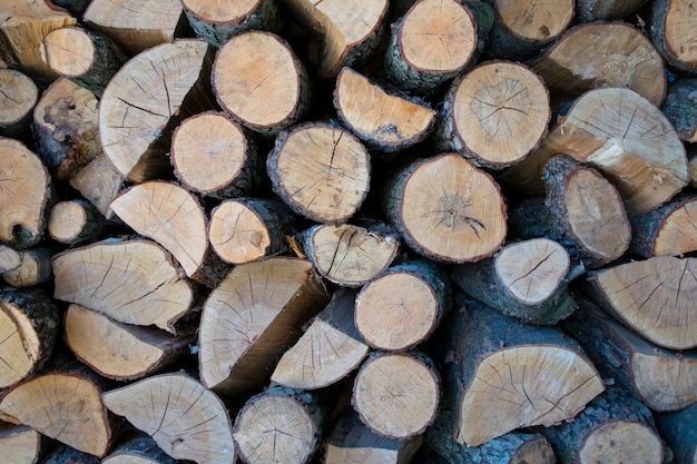 De mooie achtergrond van de brandhoutstapel met veel hout