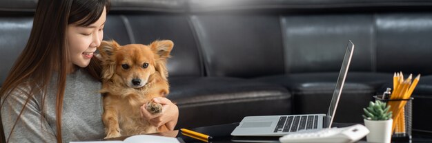 De mooie jonge Aziatische op afstand van huis werkt en vrouw die terwijl het liggen glimlacht, heeft goede relaties met met een grappig hulphondhuisdier, het huisdierenconcept van het huiswerk.