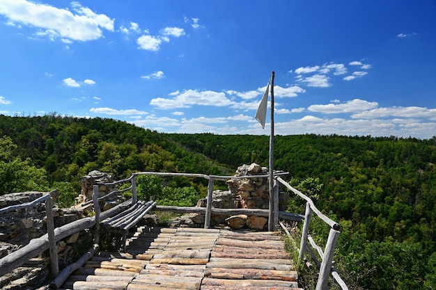 De mooie oude ruïnes van het Templstejn-kasteel op de heuvel met de Jihlava-riviervallei Zuid-Moravië, Tsjechië