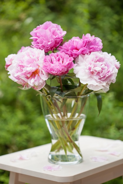 De mooie roze pioen bloeit boeket in tuin