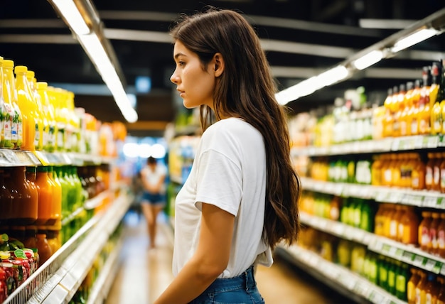 De mooie vrouw kijkt naar de planken om iets te kopen in de supermarkt.