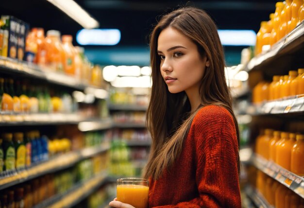 De mooie vrouw kijkt naar de planken om iets te kopen in de supermarkt.