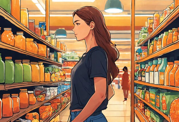 De mooie vrouw kijkt naar de planken om iets te kopen in de supermarkt.