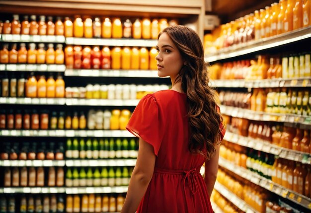 De mooie vrouw kijkt naar de planken om iets te kopen in de supermarkt.