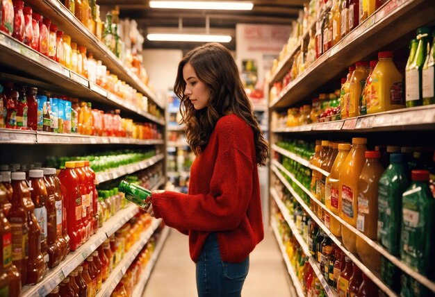 De mooie vrouw kijkt naar de planken om iets te kopen in de supermarkt.