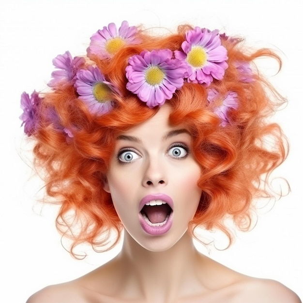 De mooie vrouw met bloemenhaar trekt een grappig gezicht