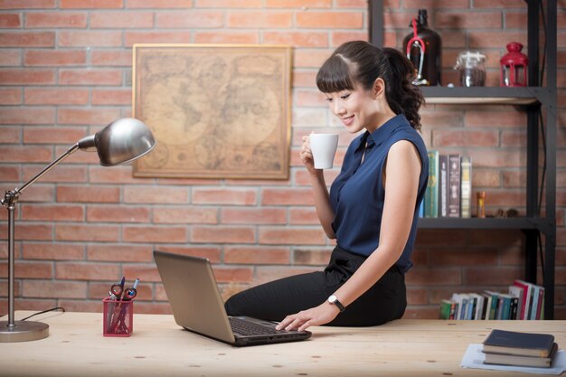 De mooie vrouw werkt in huisbureau