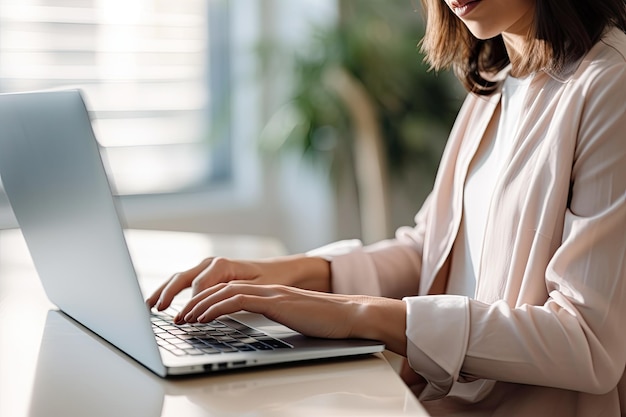 De multitasking Maven Een boeiende momentopname van een brunette vrouw ondergedompeld in haar digitale wereld