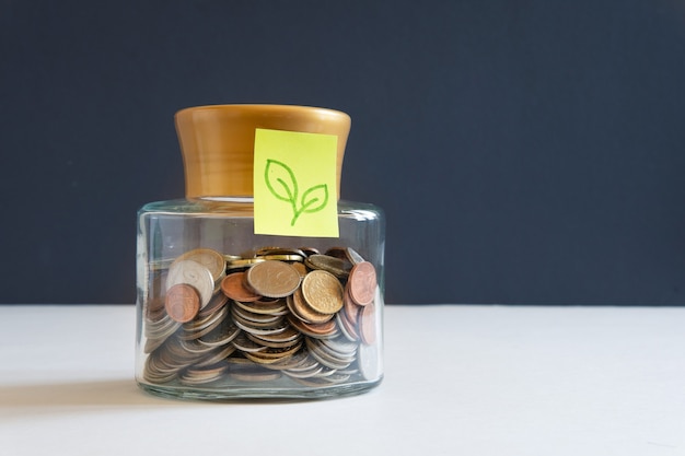 De munten worden bewaard in een glazen pot om financiën te verzamelen