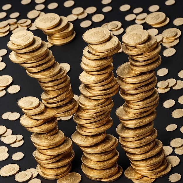 Foto de munten zijn gestapeld en verspreid over de tafel antieke gouden munten gegenereerd door ai