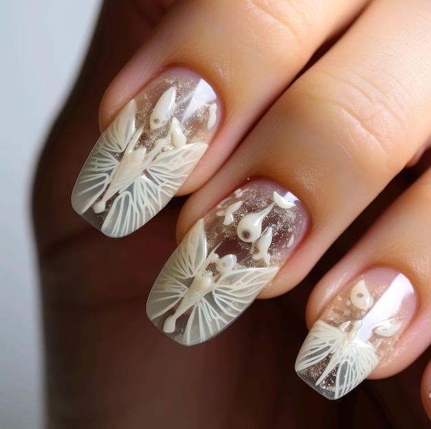 De nagels van een vrouw met een bloemmotief erop