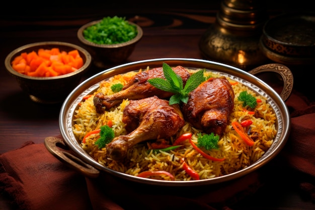 De nationale Saoedi-Arabische schotel kip Kabsa met rijst mandi op houten tafel