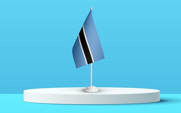 De nationale vlag van botswana op een 3D-podium en een blauwe achtergrond.