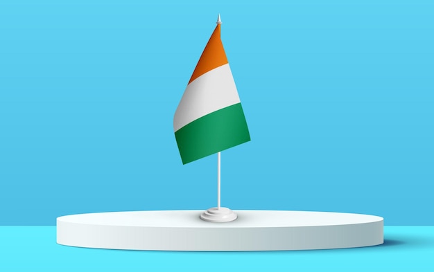 De nationale vlag van cote_dlvoire op een 3D-podium en een blauwe achtergrond.