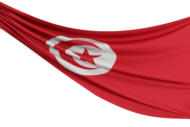 De nationale vlag van Tunesië Wuivende stoffenvlag met textuur gedrapeerd op een effen witte achtergrond 3D-rendering