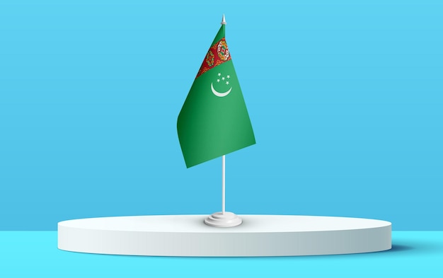 De nationale vlag van turkmenistan op een 3d-podium en een blauwe achtergrond.