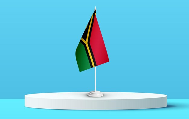 De nationale vlag van Vanuatu op een 3D-podium en een blauwe achtergrond.