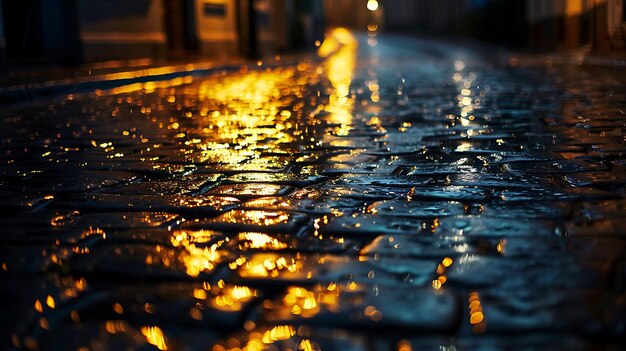 Foto de natte geplaveide straat weerspiegelt's nachts de lichten van de stad