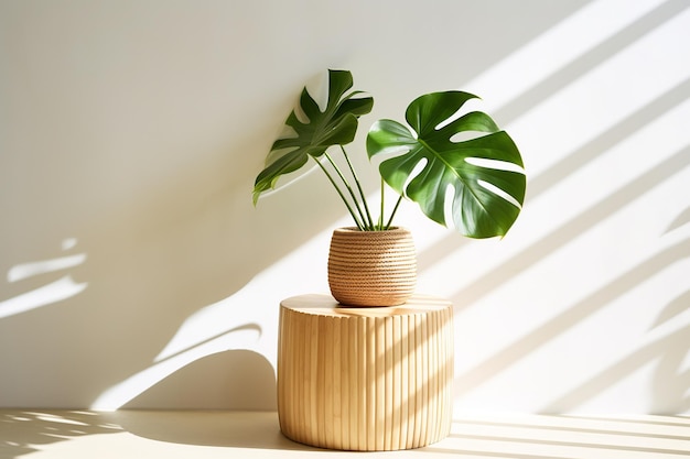 De natuur ontmoet het luxe zonneschijnende tropische blad op een houten tafel voor een luxe tentoonstelling