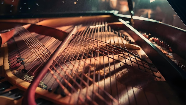 De natuurlijke harmonie van akoestische snaren in een Grand Piano Concept Muziekinstrumenten Harmonie Akoestische strengen Grand Piano Natuur invloed