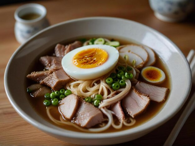 Foto de noedels zijn dik en kauwig en de bouillon is een diepe bruine kleur