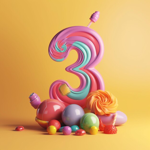 de nummer 3 3D-rendering candyland kleurrijk levendig