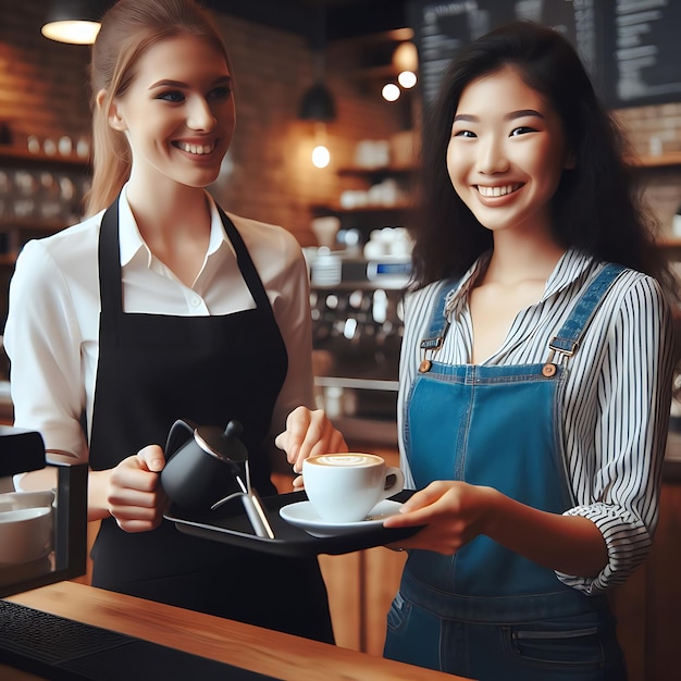 De ober en de serveerster serveren koffie.