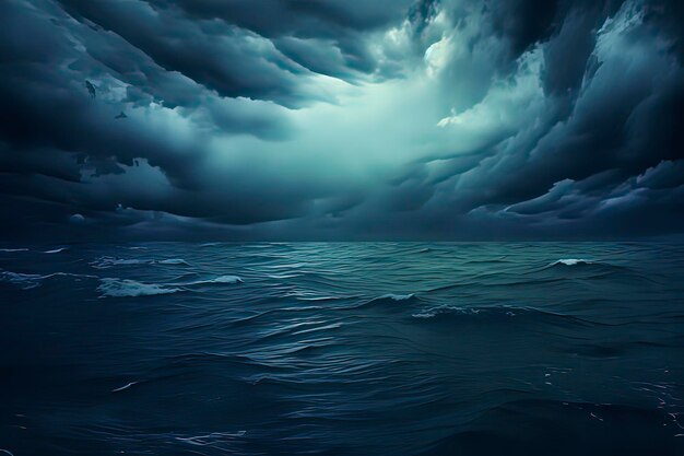 De oceaan gehuld in donkere wolken en naderende stormen AI-technologie gegenereerde beeld