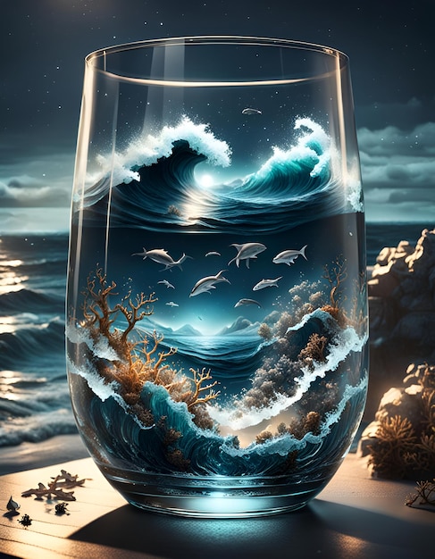 Foto de oceaan in een glas om middernacht.