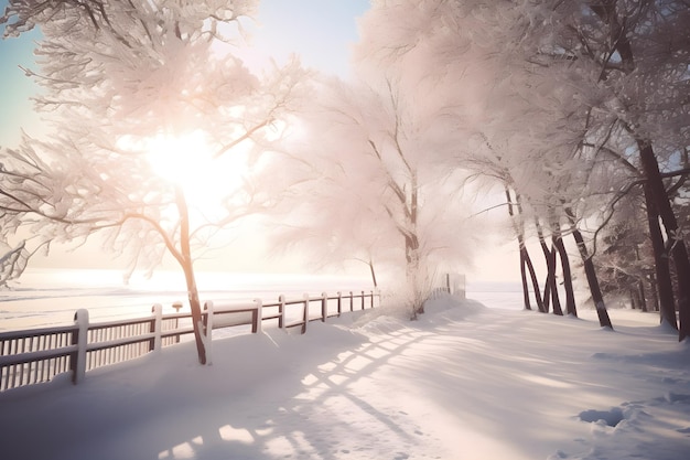 De ochtendzon breekt door de ijzige sluier van de winter en verlicht de besneeuwde takken van een boom