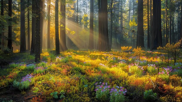 De ochtendzon schijnt door de hoge bomen van een redwoodbos en verlicht een kleurrijk tapijt van wilde bloemen