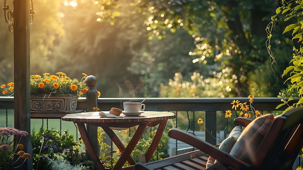 De ochtendzon schijnt door het raam op een kleine tafel met een kop koffie en een bord toast de tafel is omringd door bloemen en planten