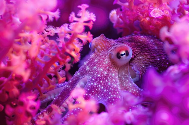 De octopus vermengt zich met het paarse koraalrif door camouflage