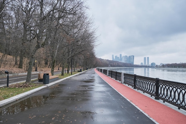 De oever van de rivier de Moskou in de herfst bij regenachtig weer