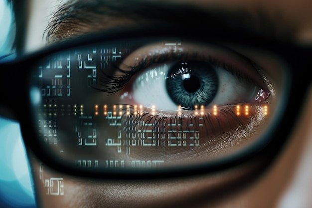 Foto de ogen van de programmeur sluiten en computercodes worden weerspiegeld in het glas.