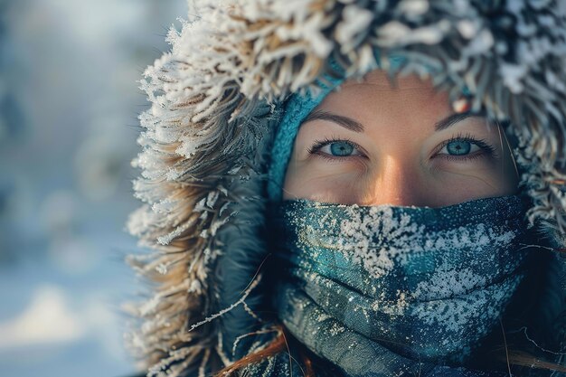 De ogen van een vrouw kijken warm uit onder de bevroren winterkleding.