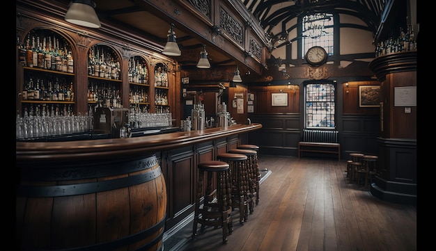 De olde english pub is een pub met een houten bar en een klok aan de muur